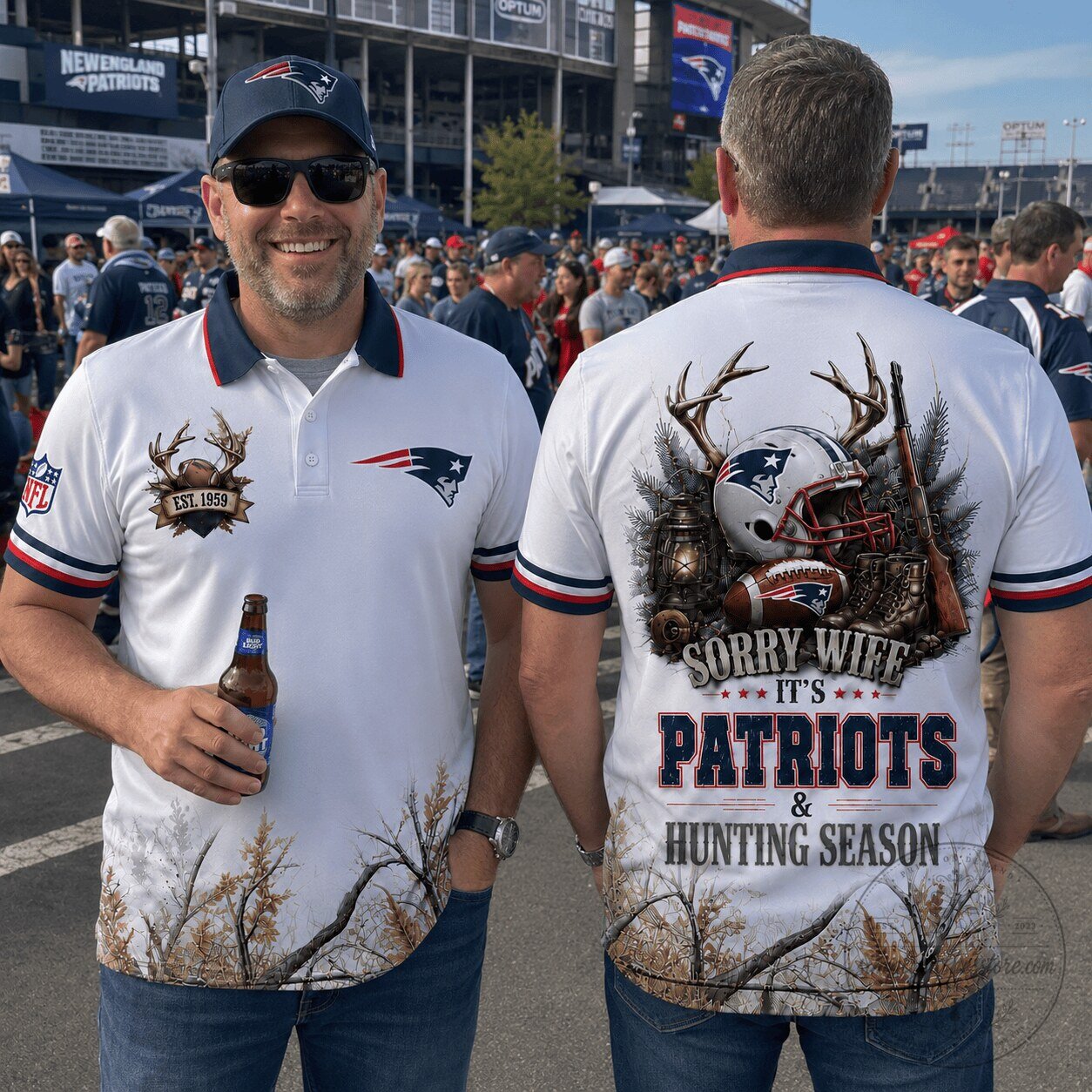 New England Patriots Fan Polo Shirt, Sorry Wife It's Patriots and Hunting Season